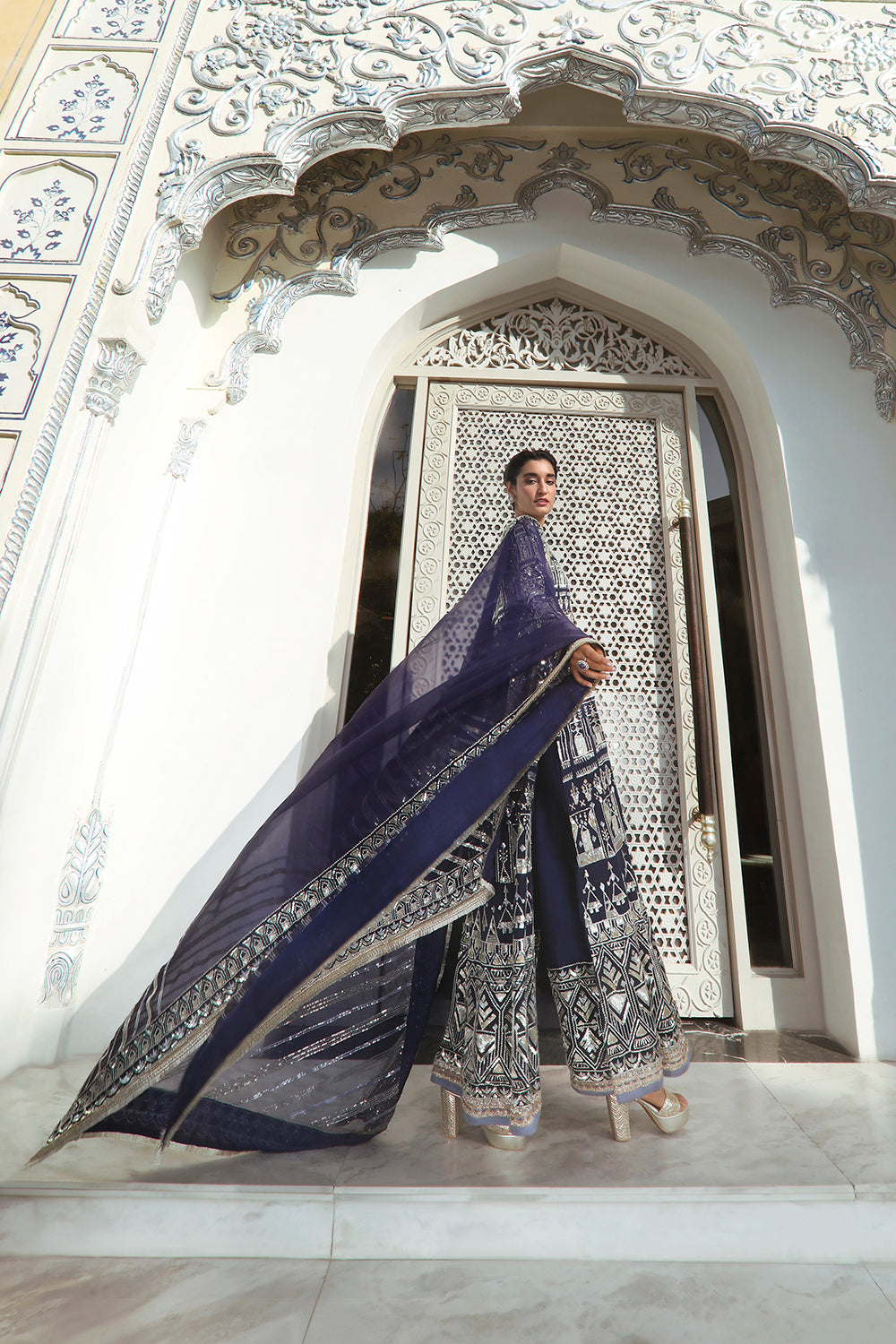 Navy Blue Embroidered Jacket and Pant Set