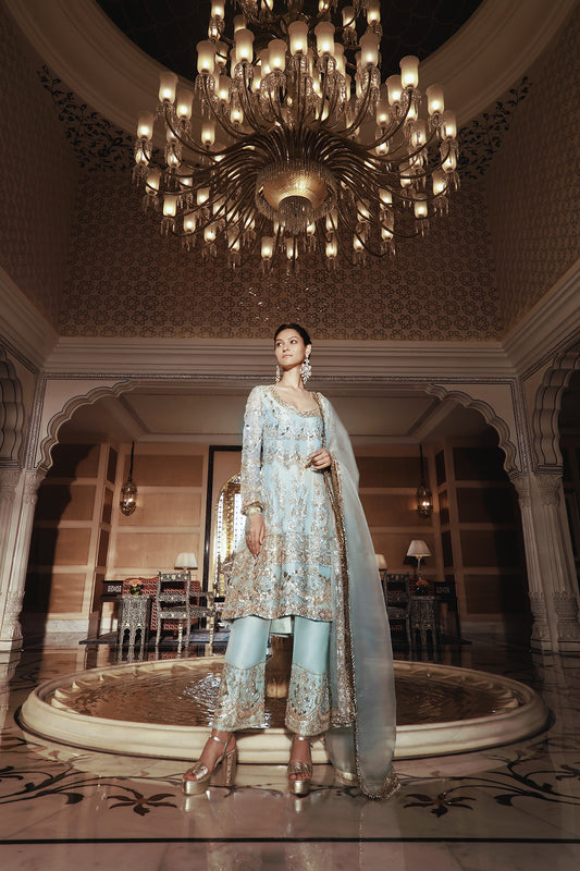 Powder Blue Short Kalidar Kurta Set