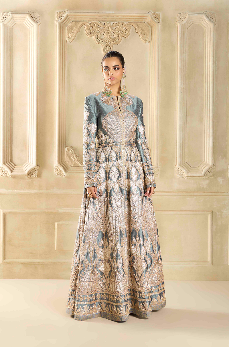 Slate Grey Raw Silk Embroidered Jacket Set