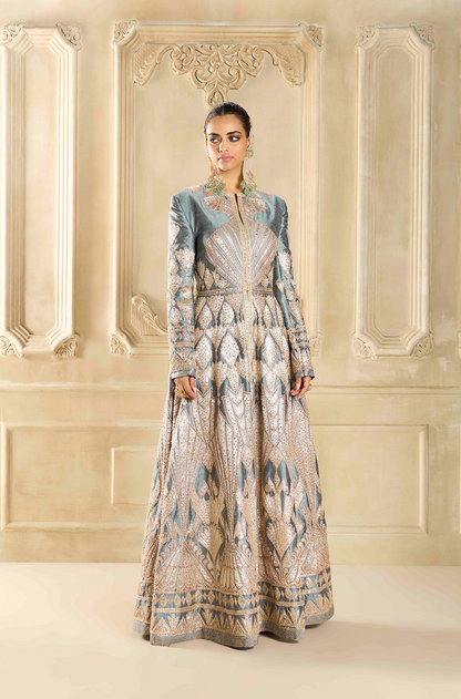 Slate Grey Raw Silk Embroidered Jacket Set