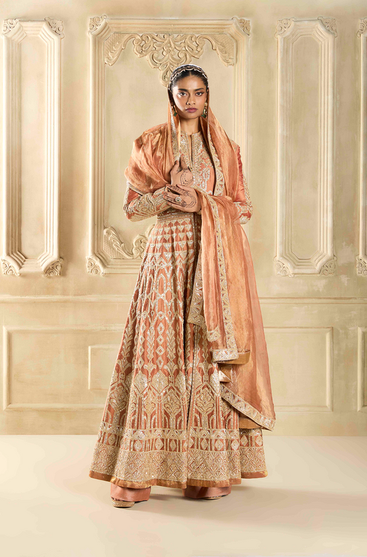 Pecan Brown Raw Silk Embroidered Kalidar Kurta Set