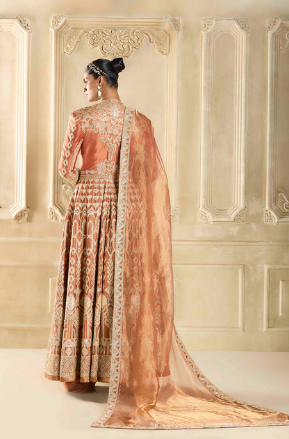Pecan Brown Raw Silk Embroidered Kalidar Kurta Set