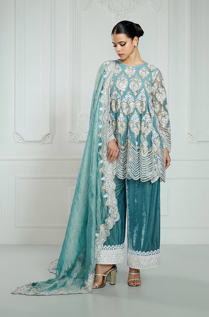 Soft Teal Kashmiri Embroidered Short Kurta Set
