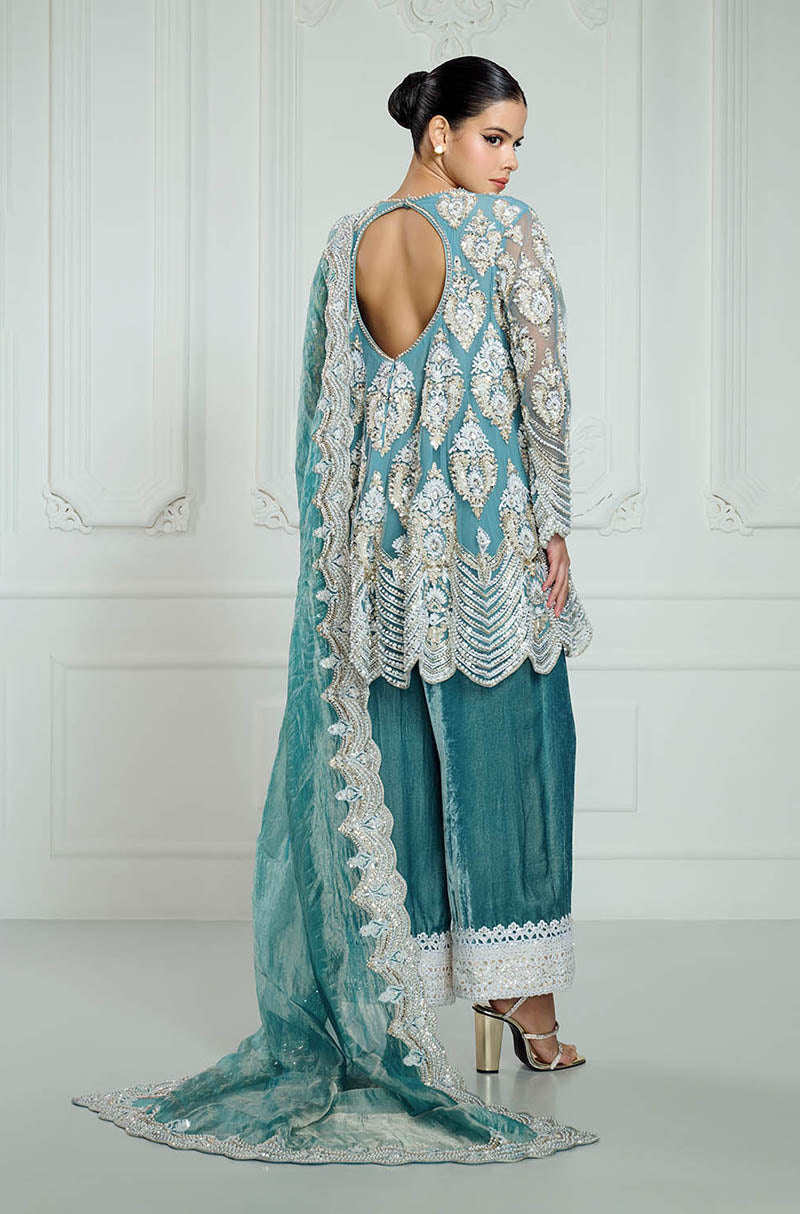 Soft Teal Kashmiri Embroidered Short Kurta Set