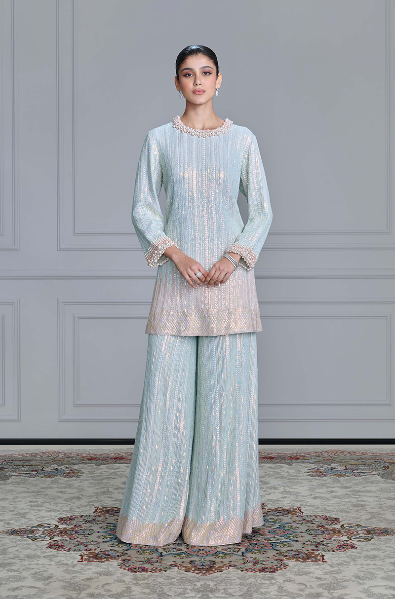 Dusty Blue Sequin & Pearl Embroidered Kurta Set