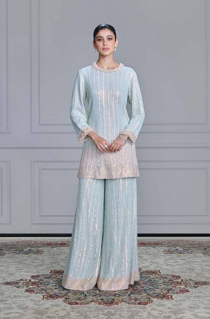 Dusty Blue Sequin & Pearl Embroidered Kurta Set