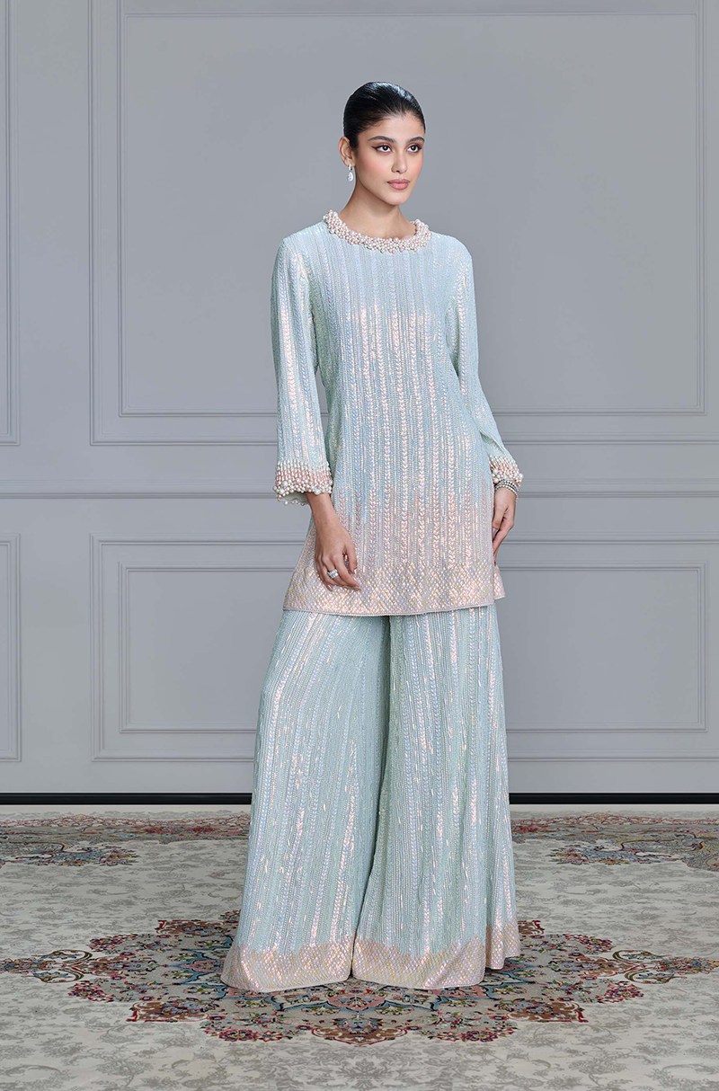 Dusty Blue Sequin & Pearl Embroidered Kurta Set