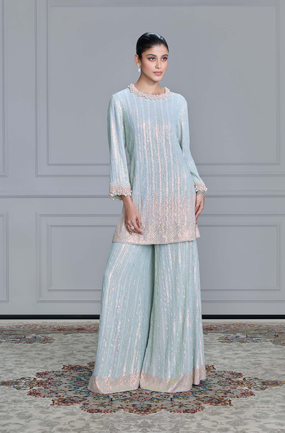 Dusty Blue Sequin & Pearl Embroidered Kurta Set