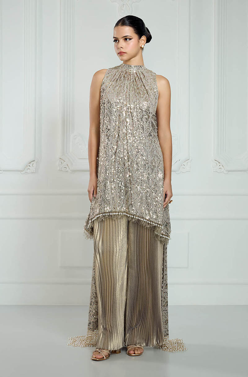 Oyster High Neck Sequin Embroidered Kurta Set