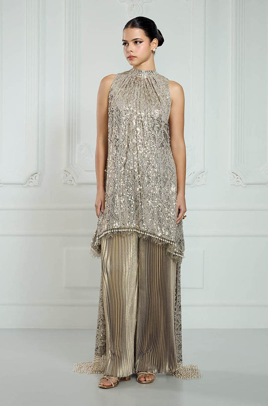 Oyster High Neck Sequin Embroidered Kurta Set