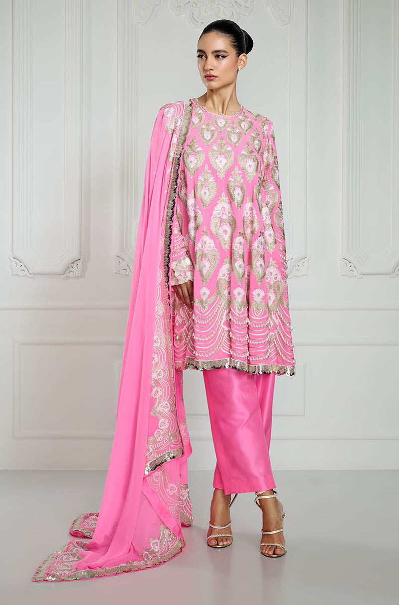 Bright Pink Kalidar Kashmiri Embroidered Kurta Set