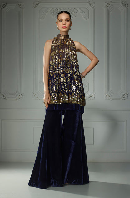 Midnight Blue Ombré Matt Leaf Sequins In-Cut Kurta Set