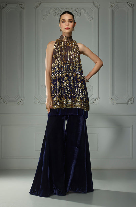 Midnight Blue Ombré Matt Leaf Sequins In-Cut Kurta Set