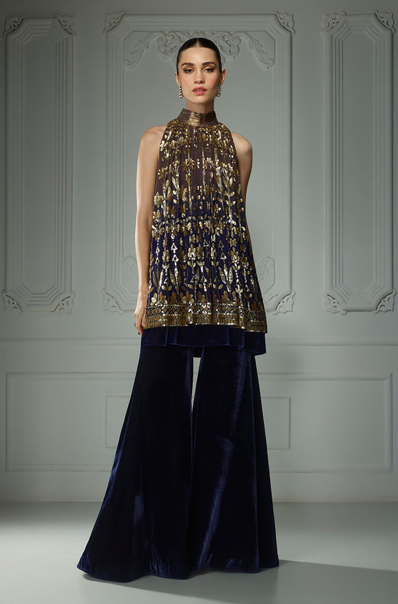 Midnight Blue Ombré Matt Leaf Sequins In-Cut Kurta Set