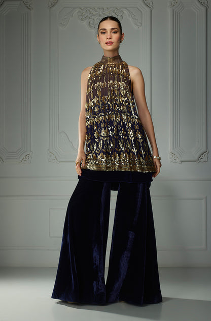 Midnight Blue Ombré Matt Leaf Sequins In-Cut Kurta Set