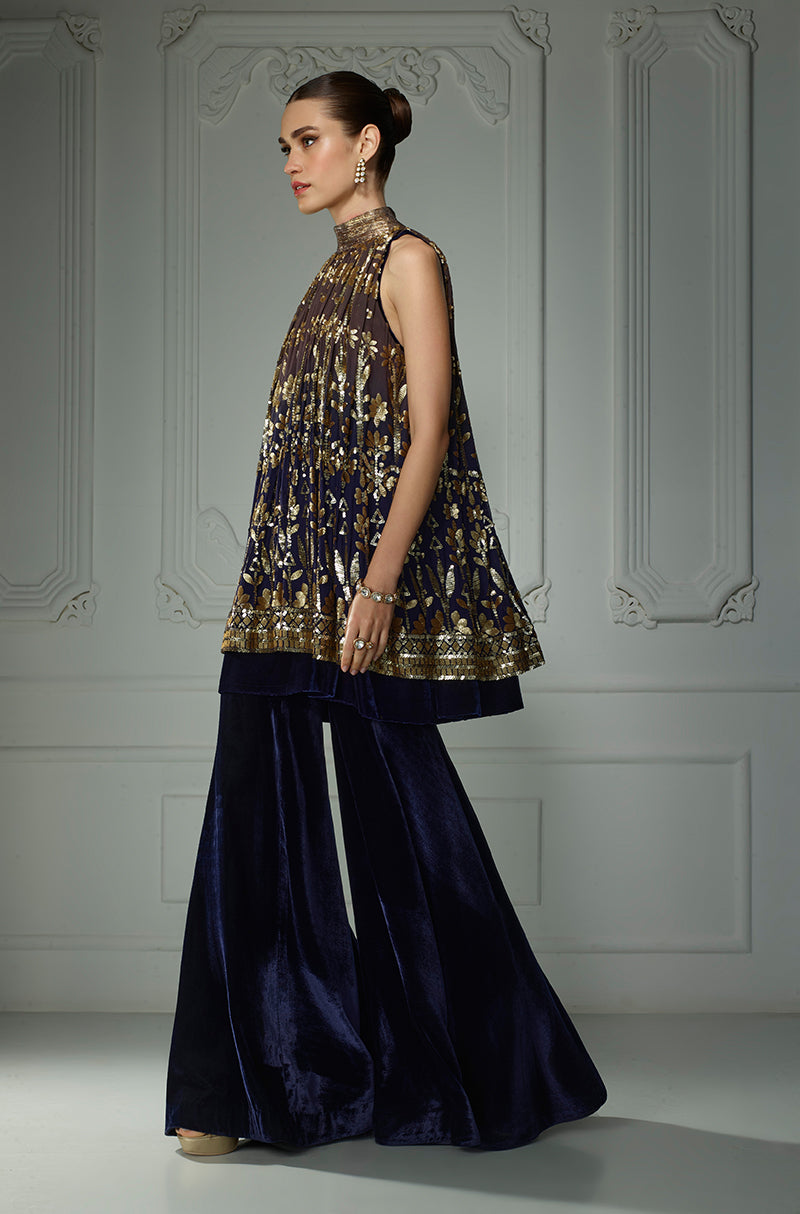 Midnight Blue Ombré Matt Leaf Sequins In-Cut Kurta Set