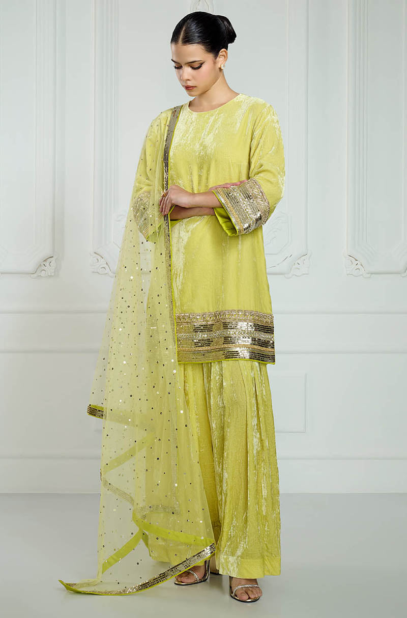 Lime with Sequin Borders Short Kurta Set