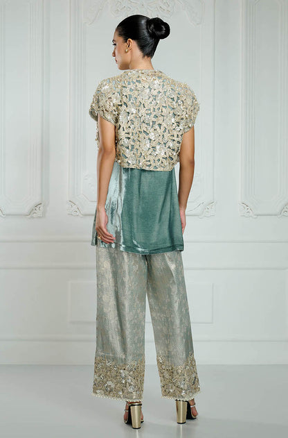 Teal Velvet with Banarasi Cut Work Kurta Set