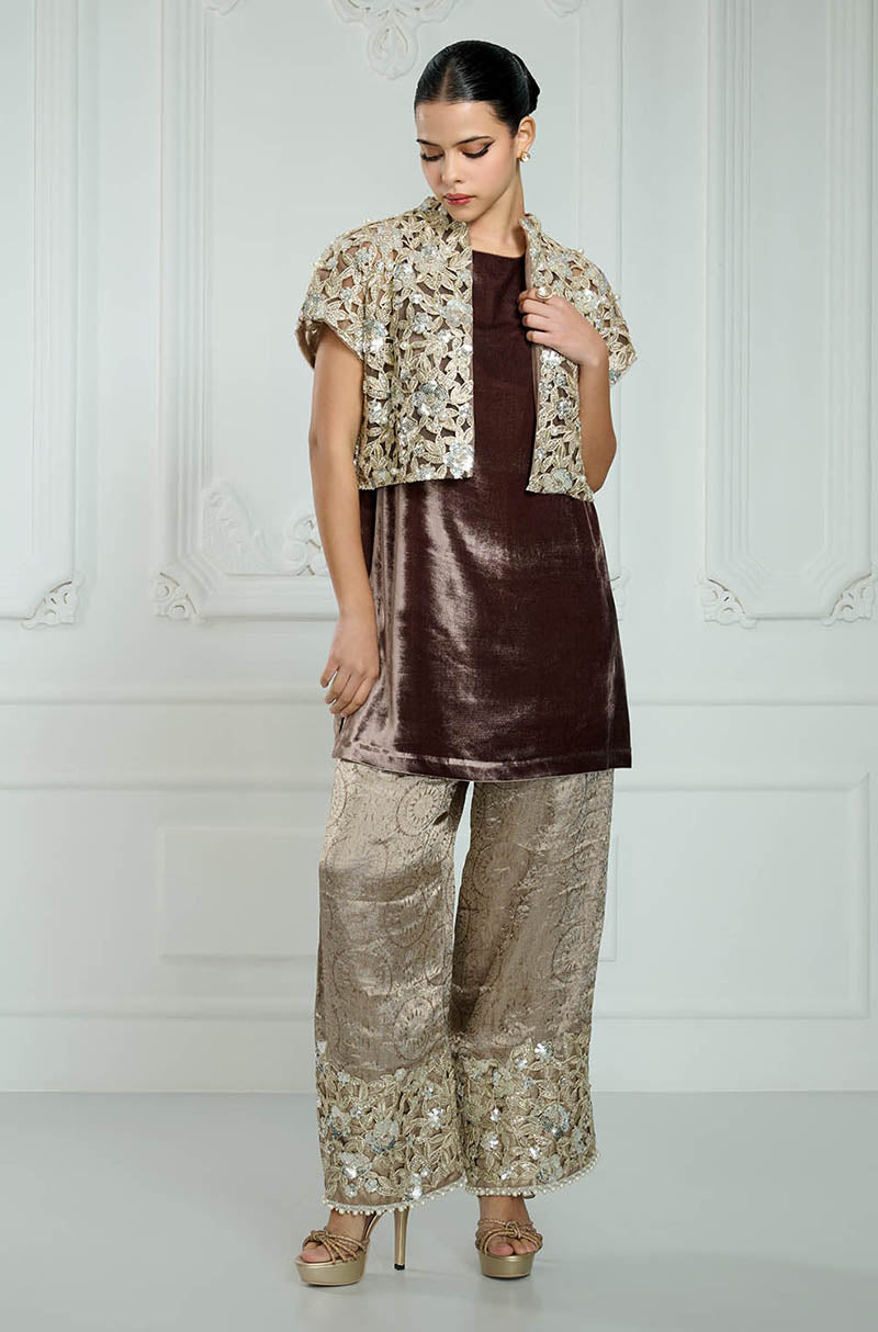 Brown Velvet with Banarasi Cut Work Kurta Set