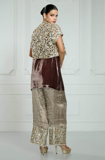 Brown Velvet with Banarasi Cut Work Kurta Set