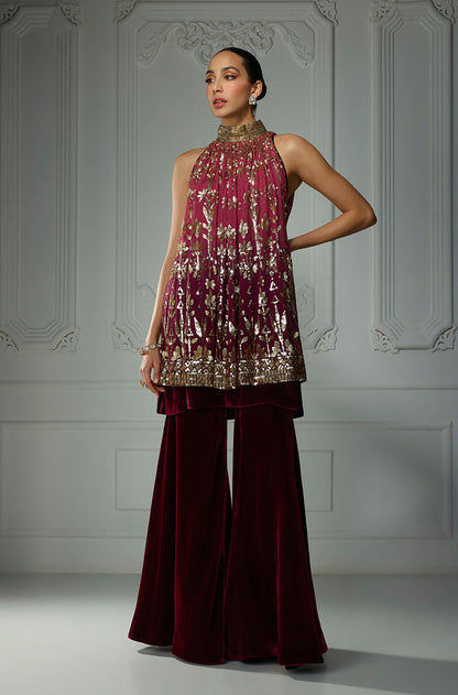 Old Rose Ombré Matt Leaf Sequins In-Cut Kurta Set