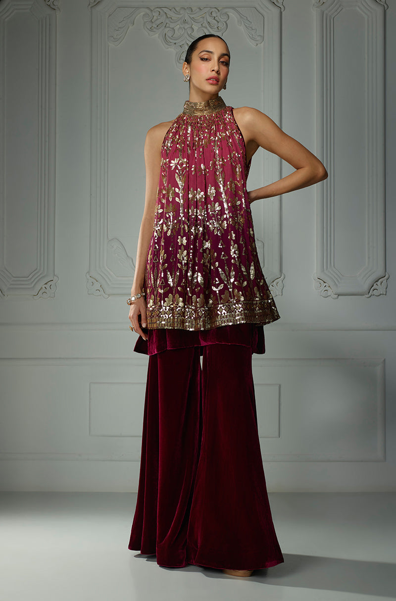 Old Rose Ombré Matt Leaf Sequins In-Cut Kurta Set