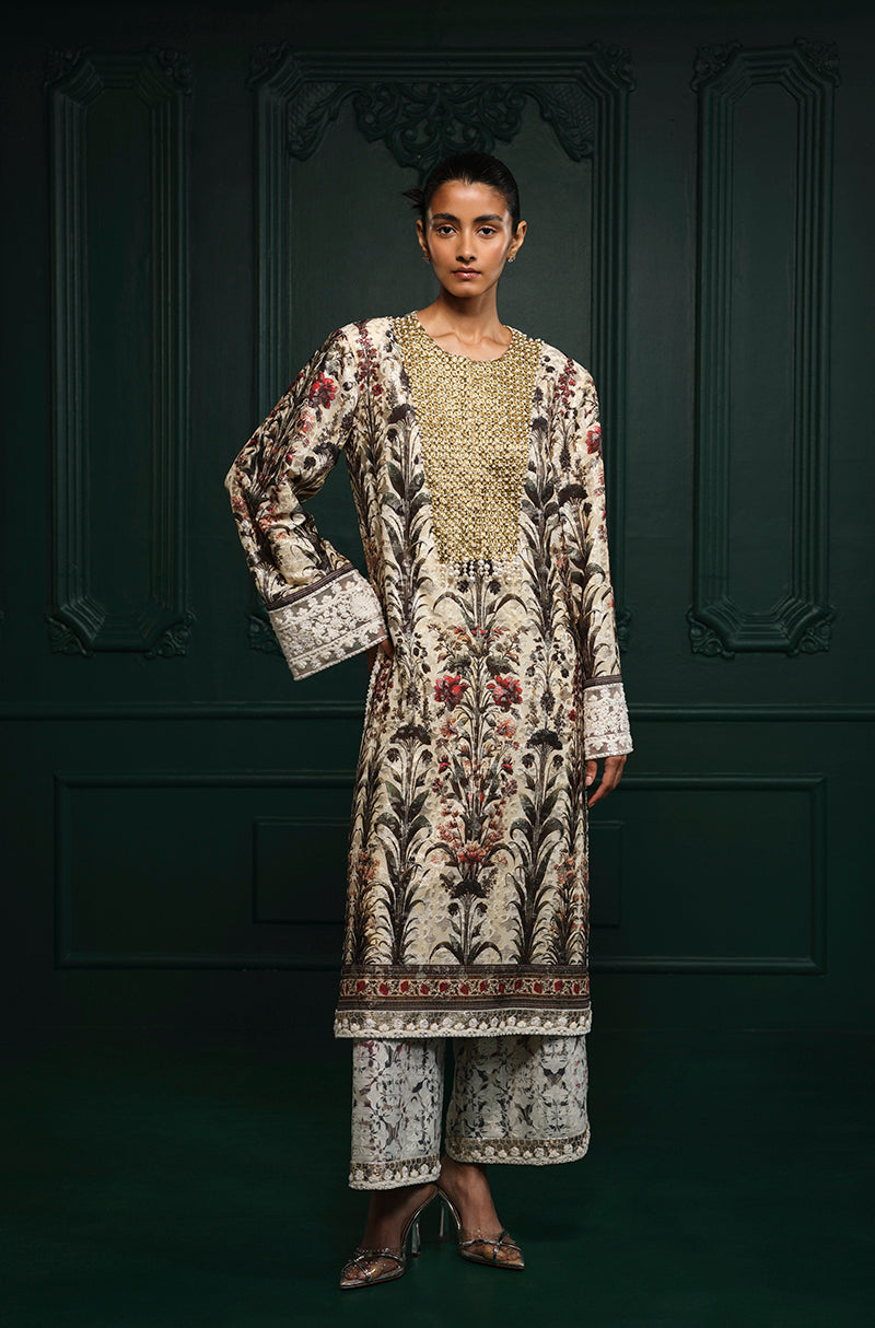 Ivory Gold Straight-Cut Printed Kurta Set