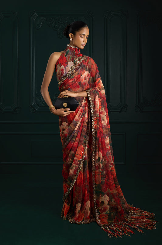 Red Floral Printed Pre-Pleated Saree Set