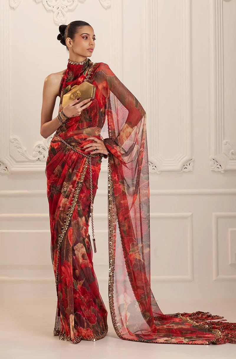 Red Floral Printed Pre-Pleated Saree Set