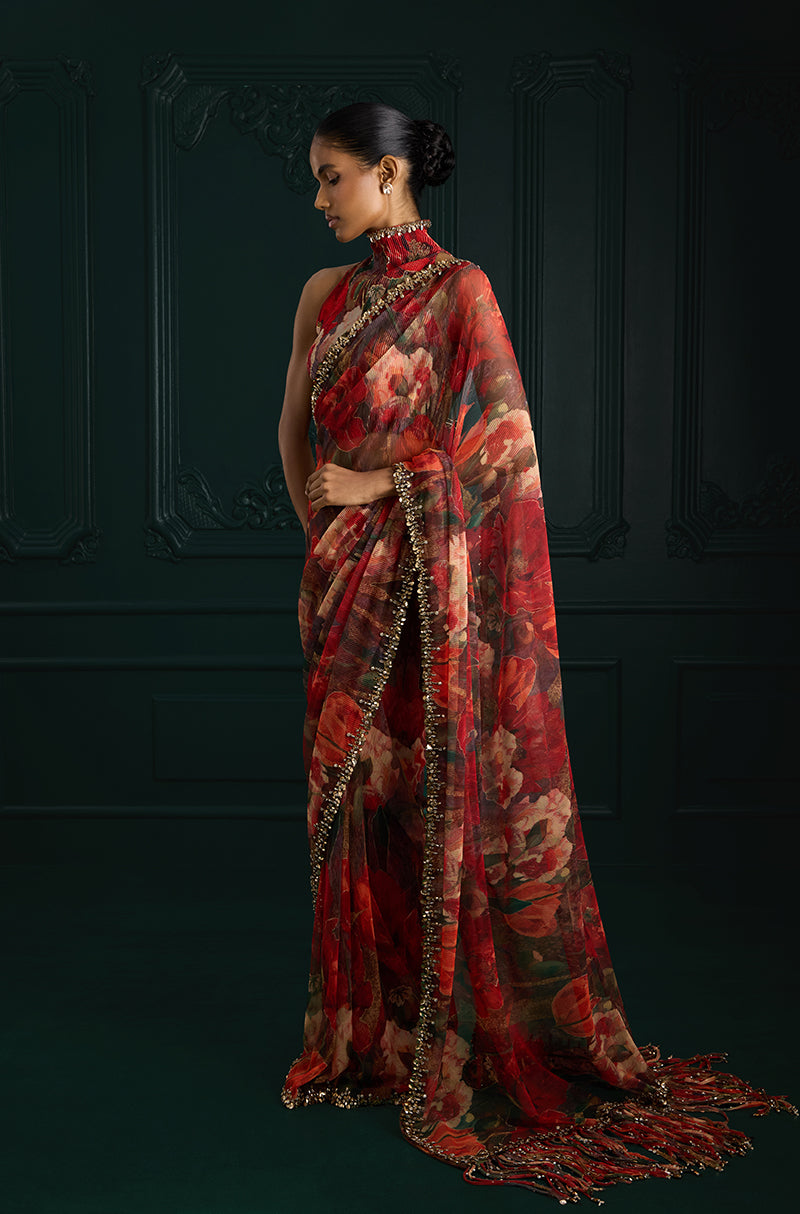 Red Floral Printed Pre-Pleated Saree Set