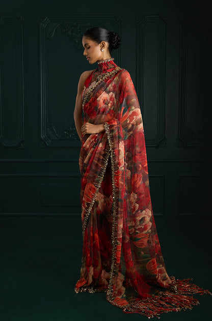 Red Floral Printed Pre-Pleated Saree Set