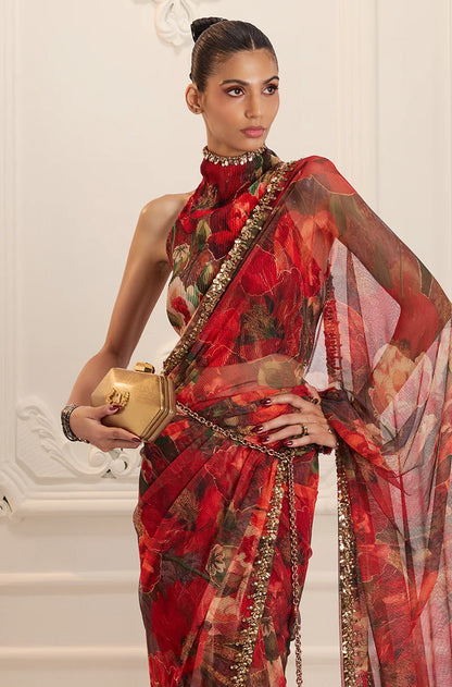 Red Floral Printed Pre-Pleated Saree Set