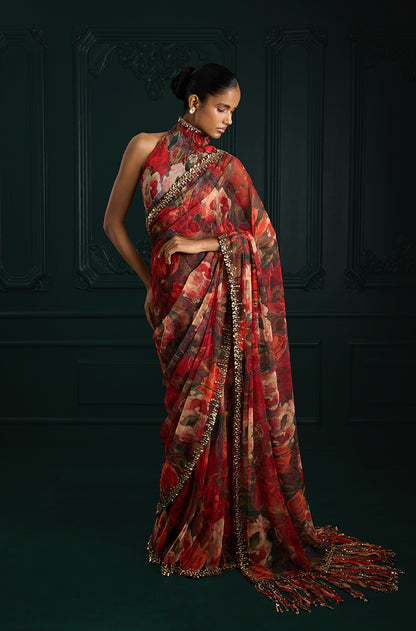 Red Floral Printed Pre-Pleated Saree Set