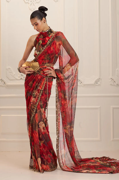 Red Floral Printed Pre-Pleated Saree Set