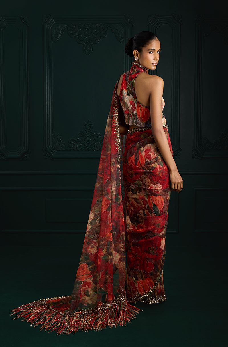 Red Floral Printed Pre-Pleated Saree Set