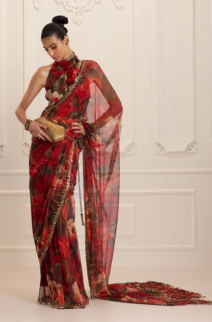 Red Floral Printed Pre-Pleated Saree Set