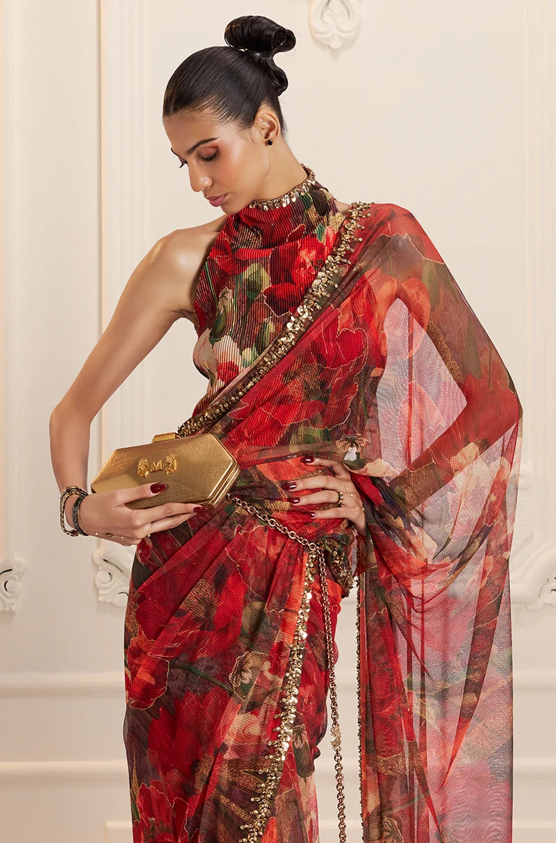 Red Floral Printed Pre-Pleated Saree Set