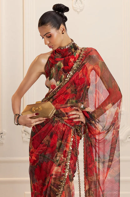 Red Floral Printed Pre-Pleated Saree Set