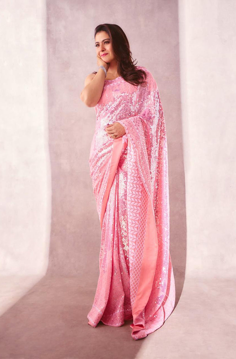 Kajol In Our Dusty Pink Mijwan Embroidered Saree Set