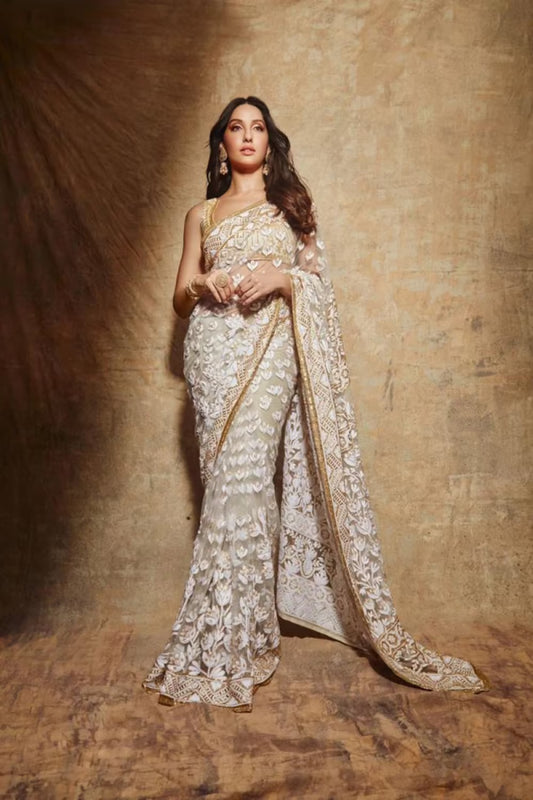 Nora Fatehi in Ivory Mijwan Embroidered Saree Set