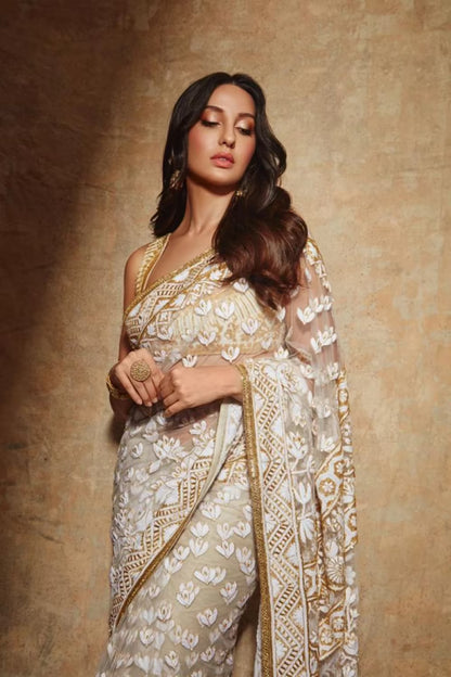 Nora Fatehi in Ivory Mijwan Embroidered Saree Set