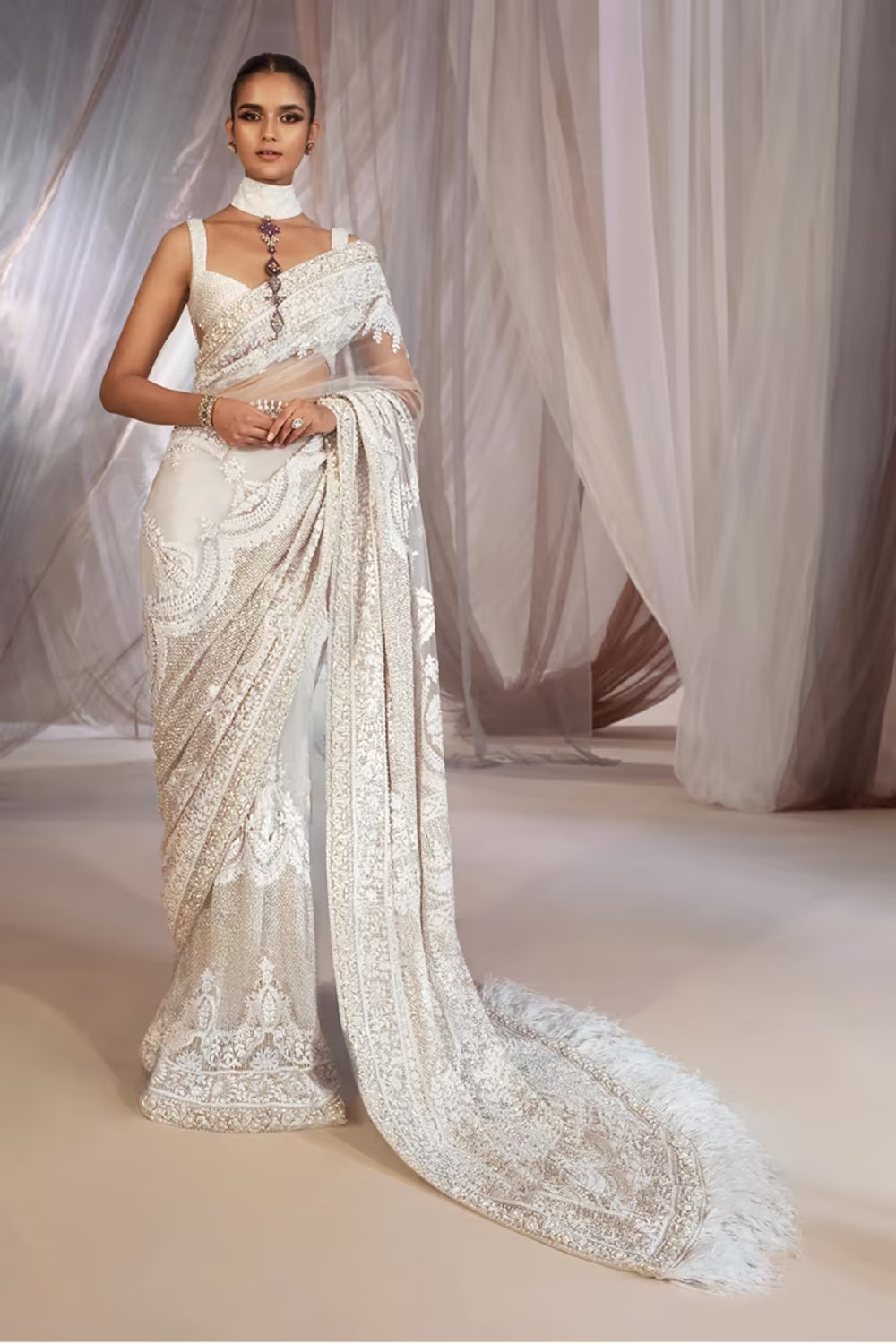 Ivory Mijwan Tassel Drop Saree Set
