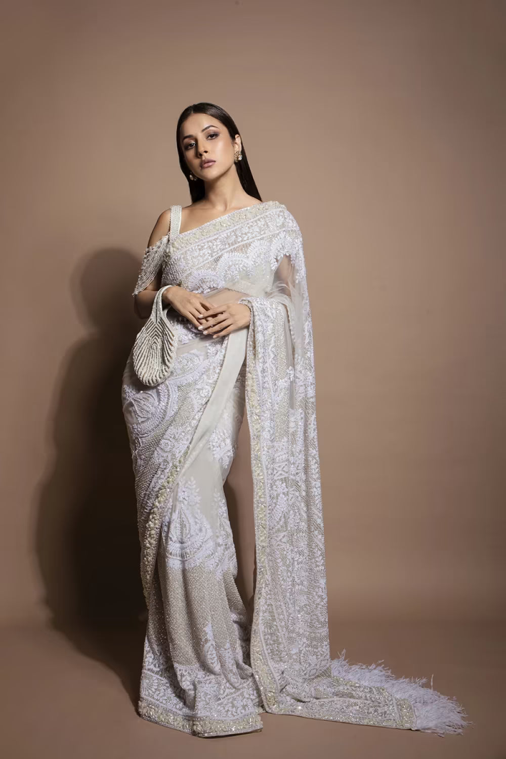 Shehnaaz Gill in our Ivory Mijwan Tassel Drop Saree Set