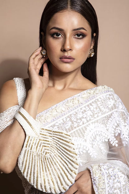 Shehnaaz Gill in our Ivory Mijwan Tassel Drop Saree Set