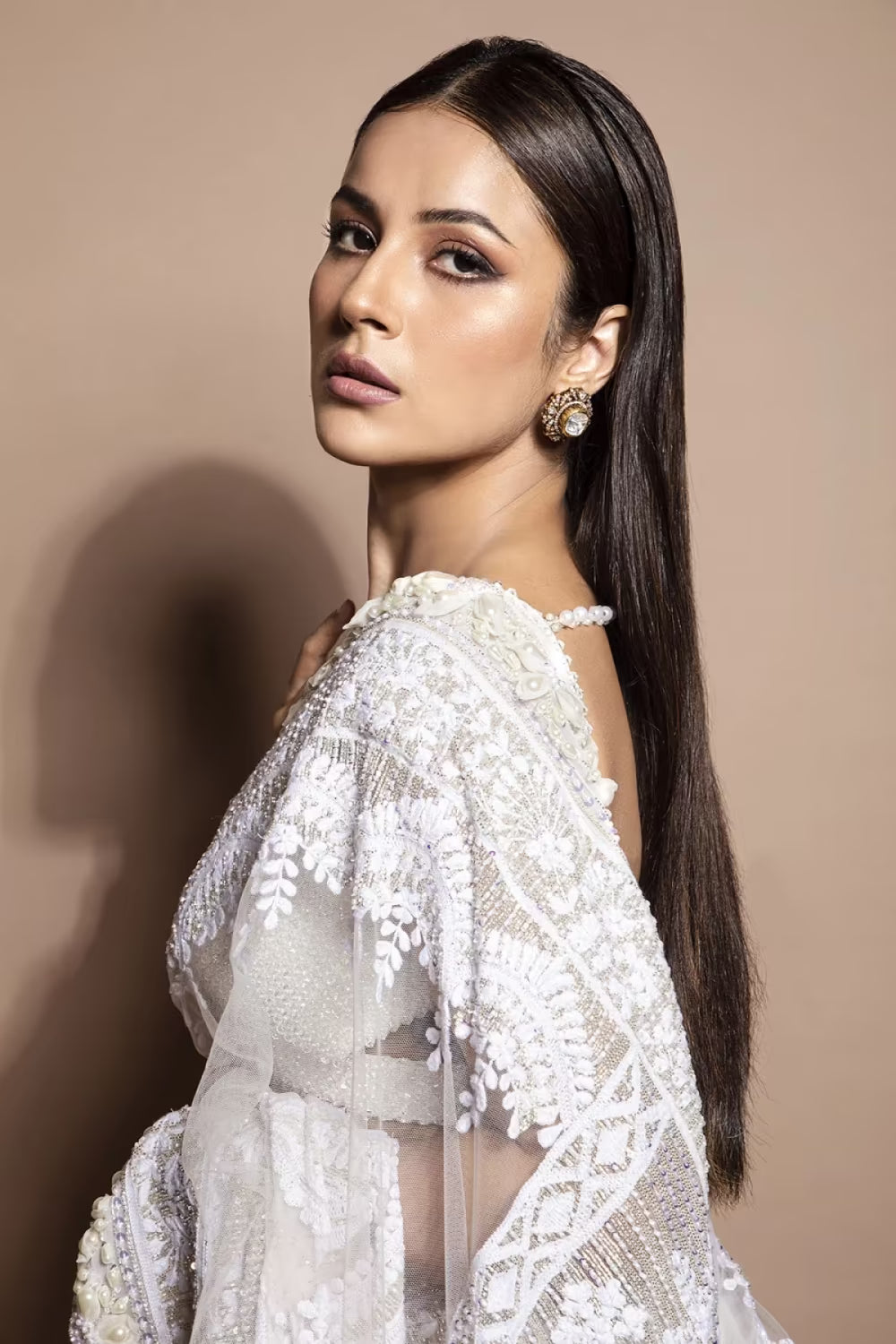 Shehnaaz Gill in our Ivory Mijwan Tassel Drop Saree Set