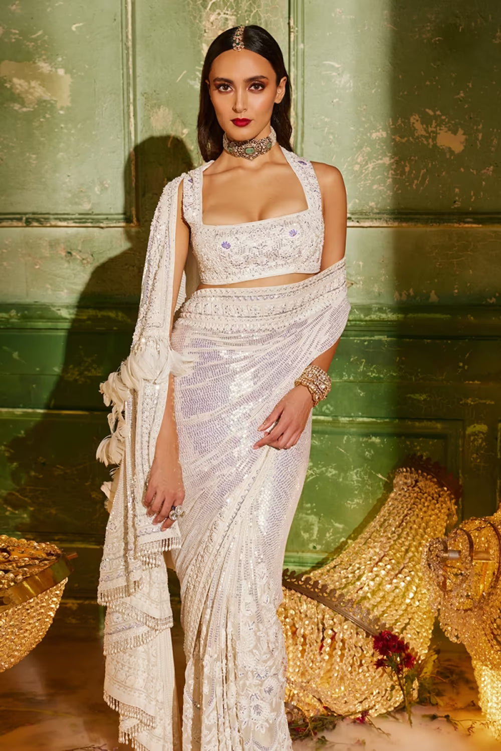 Ivory Sequin Borders Saree with Feathers