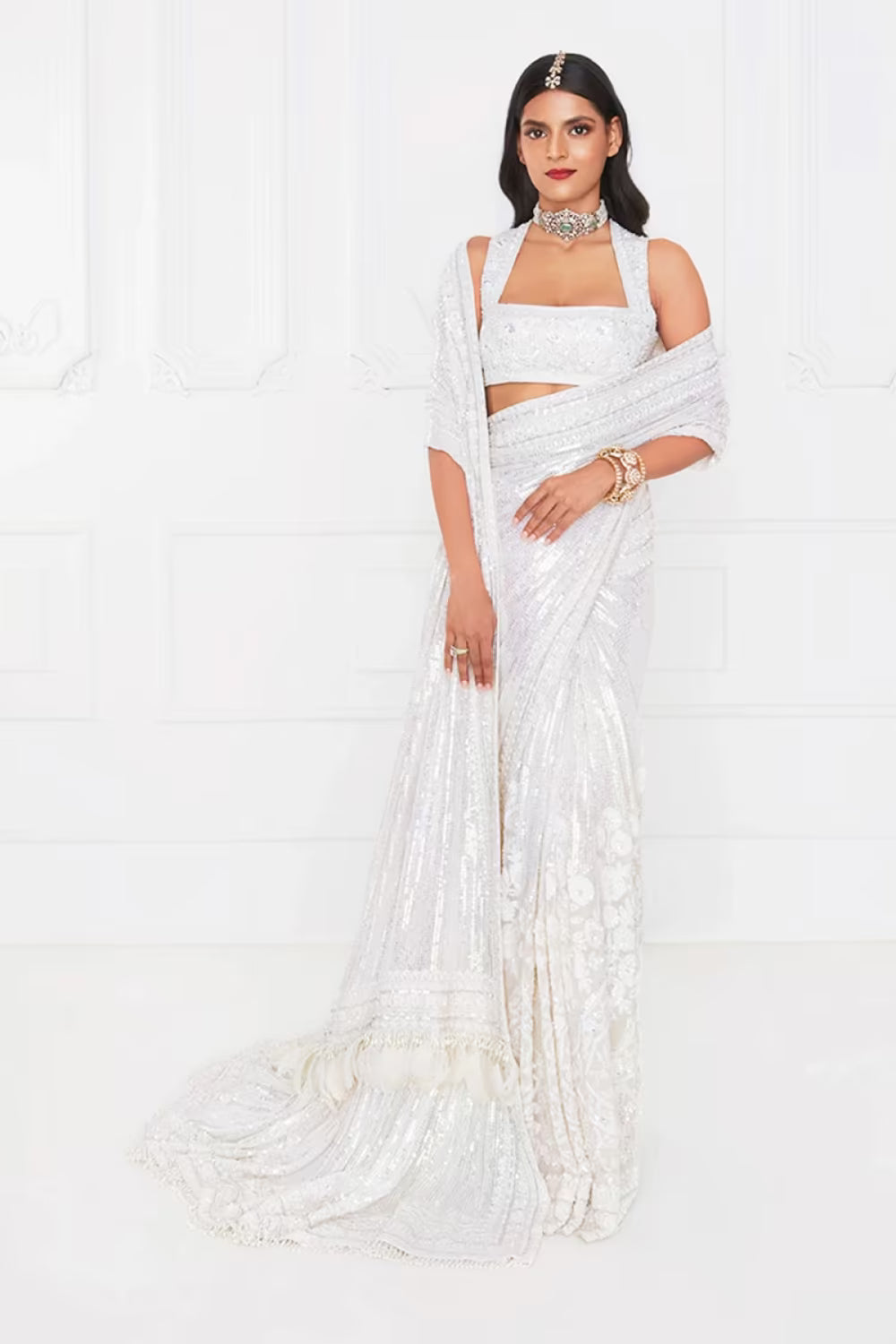Ivory Sequin Borders Saree with Feathers