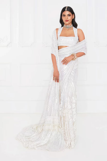 Ivory Sequin Borders Saree with Feathers