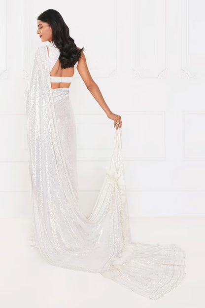 Ivory Sequin Borders Saree with Feathers