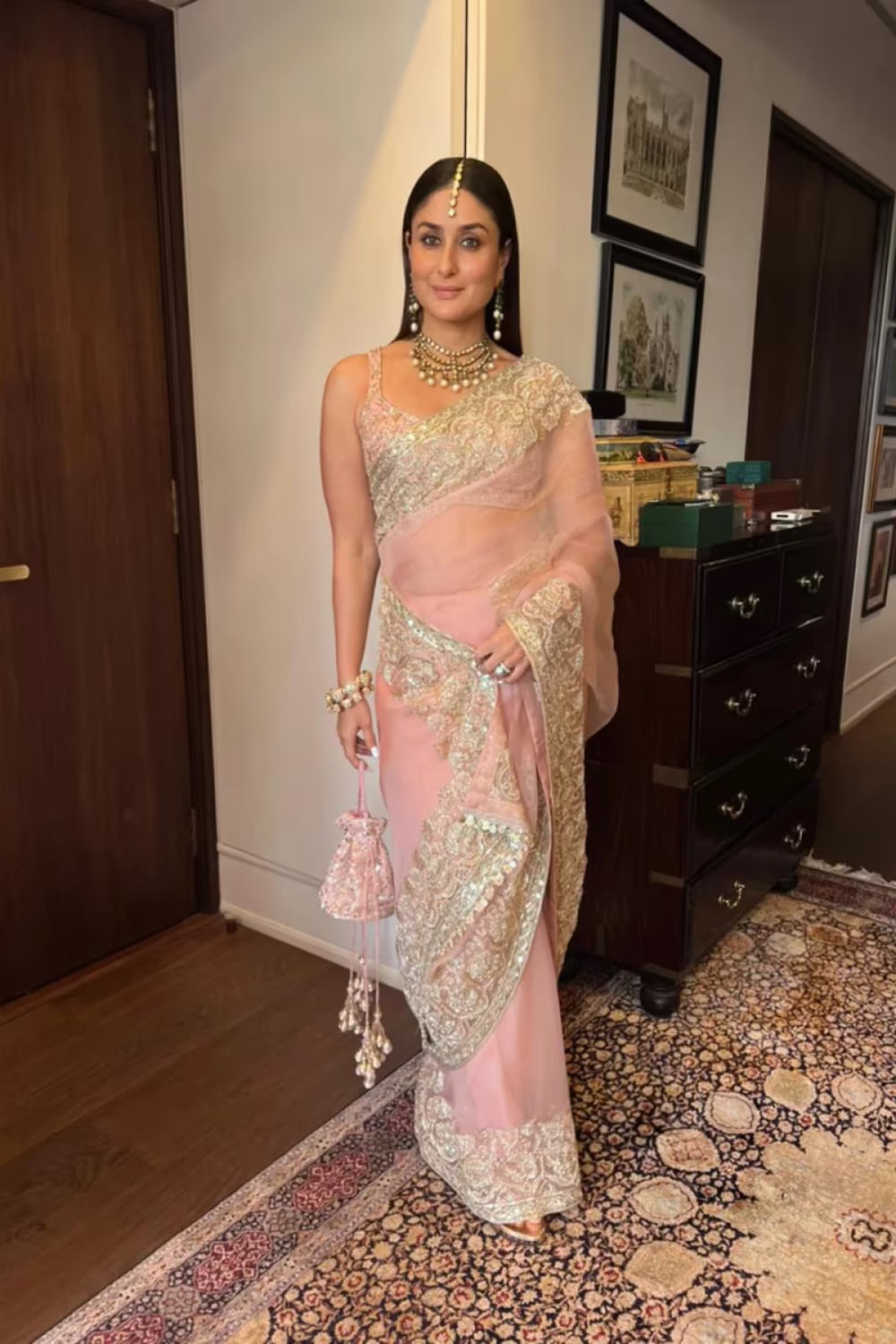 Kareena Kapoor Khan in Pink Gold Embroidered Saree Set